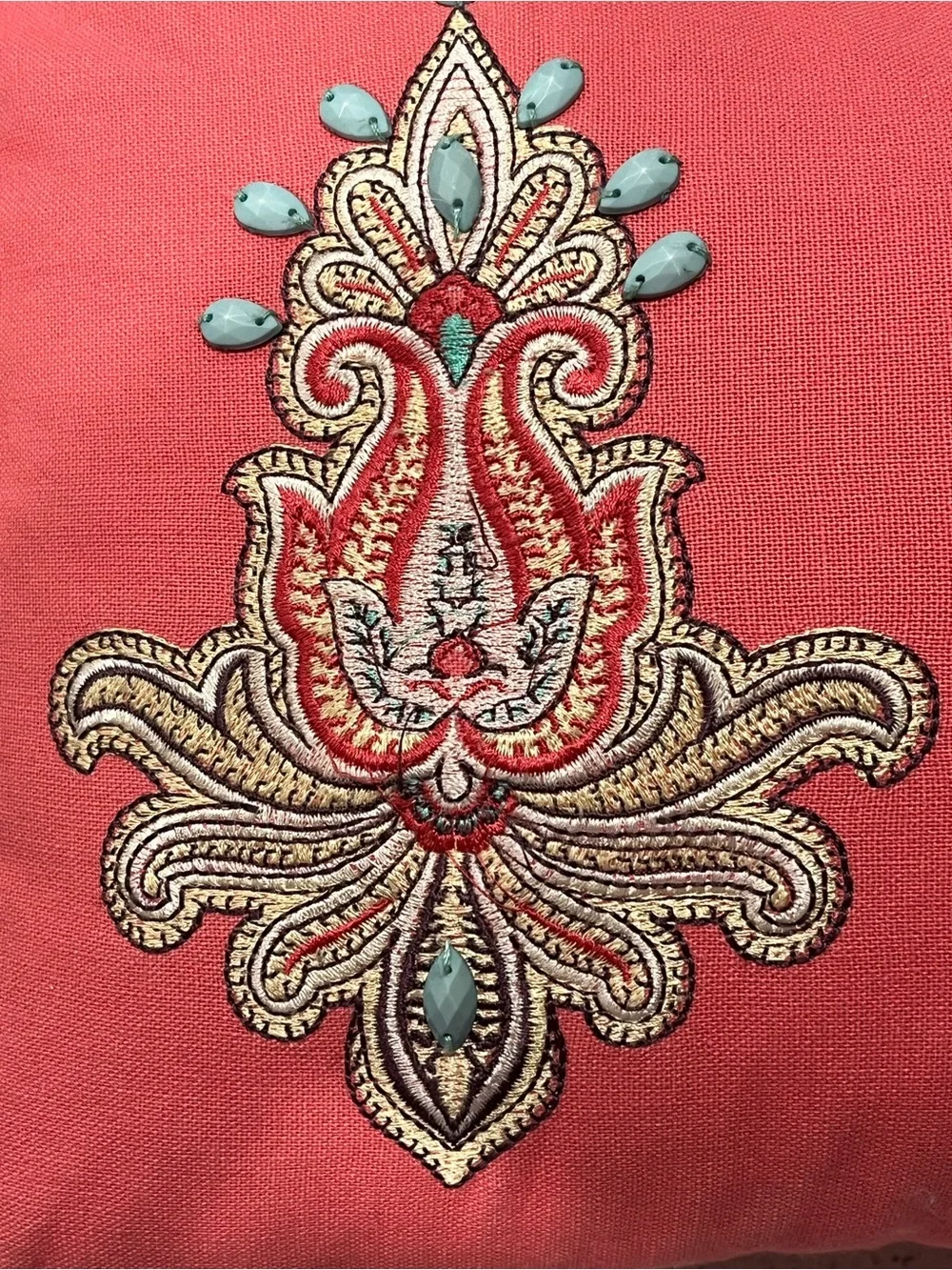 Echo Design Guinevere Embroidered Lumbar Pillow 20” X 9” Coral Beaded Paisley